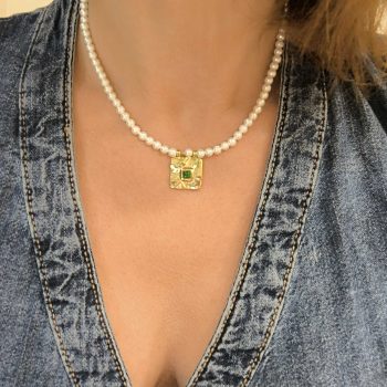 Κολιέ Μενταγιόν ''Velora Jewelry'' Χειροποίητο με Φίλντισι & Χρυσό με Πράσινη Πέτρα