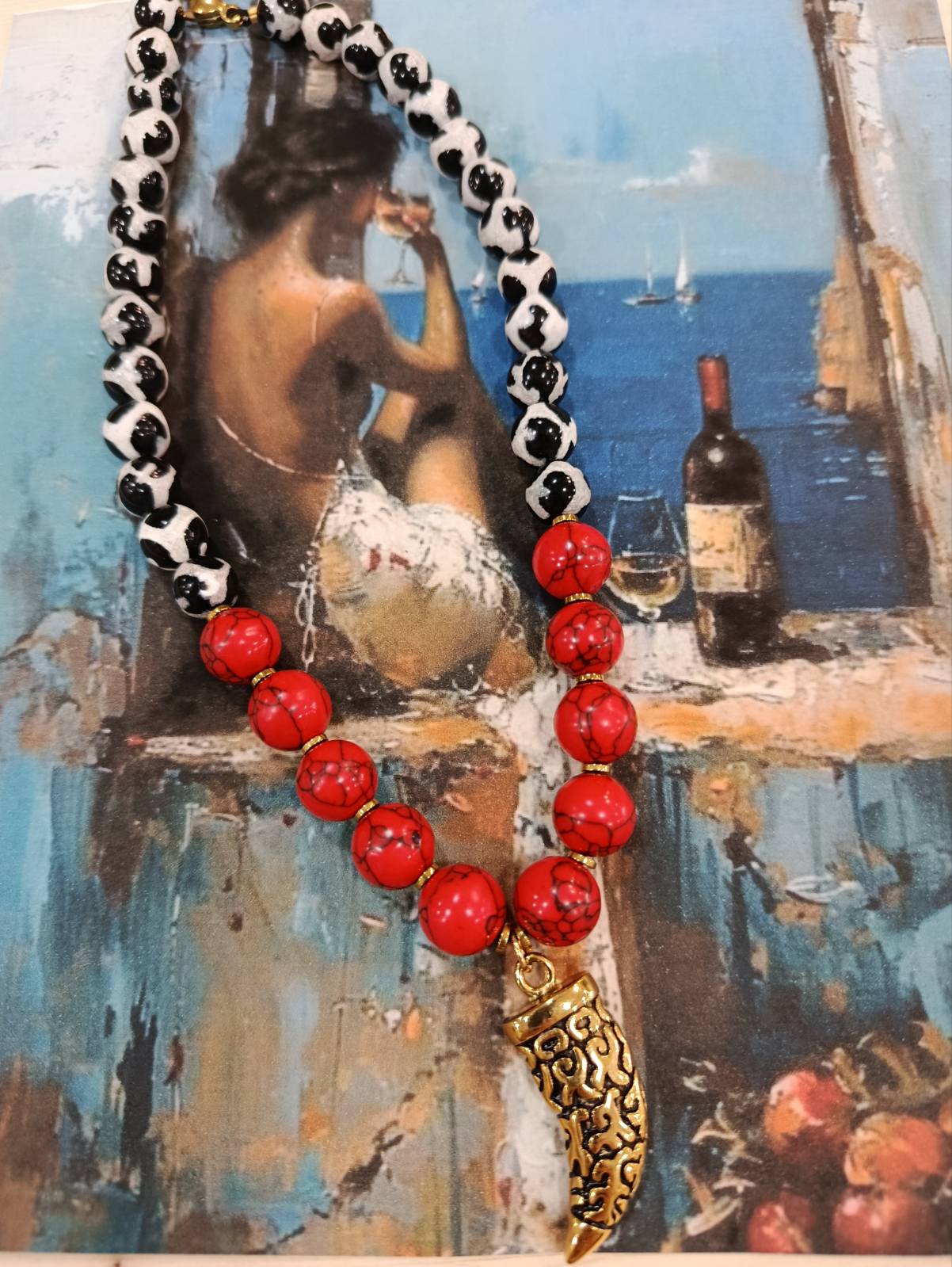 “Dual Instinct” Hematite Necklace – Gold Stainless Steel & White Horn Pendant - Image 2