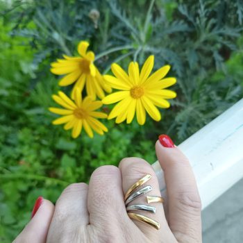 Δαχτυλίδι Ατσάλινο ''Flow'' σε Λευκό & Χρυσό με Ασύμμετρες Καμπυλωτές Ράβδους