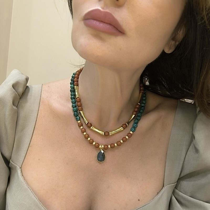 Κολιέ Χειροποίητο ''SoulCharm'' με Πράσινη Τζέιντ & Κόκκινο Αχάτη 8mm με Μενταγιόν Λαμπραντορίτη – Χρυσές Λεπτομέρειες 24Κ - Image 3