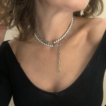 Κολιέ ''Luna Pearl'' Πολυμορφικό με Πέρλα σε ανοιχτό χρώμα σαγρέ 6mm & Ατσάλινη Αλυσίδα