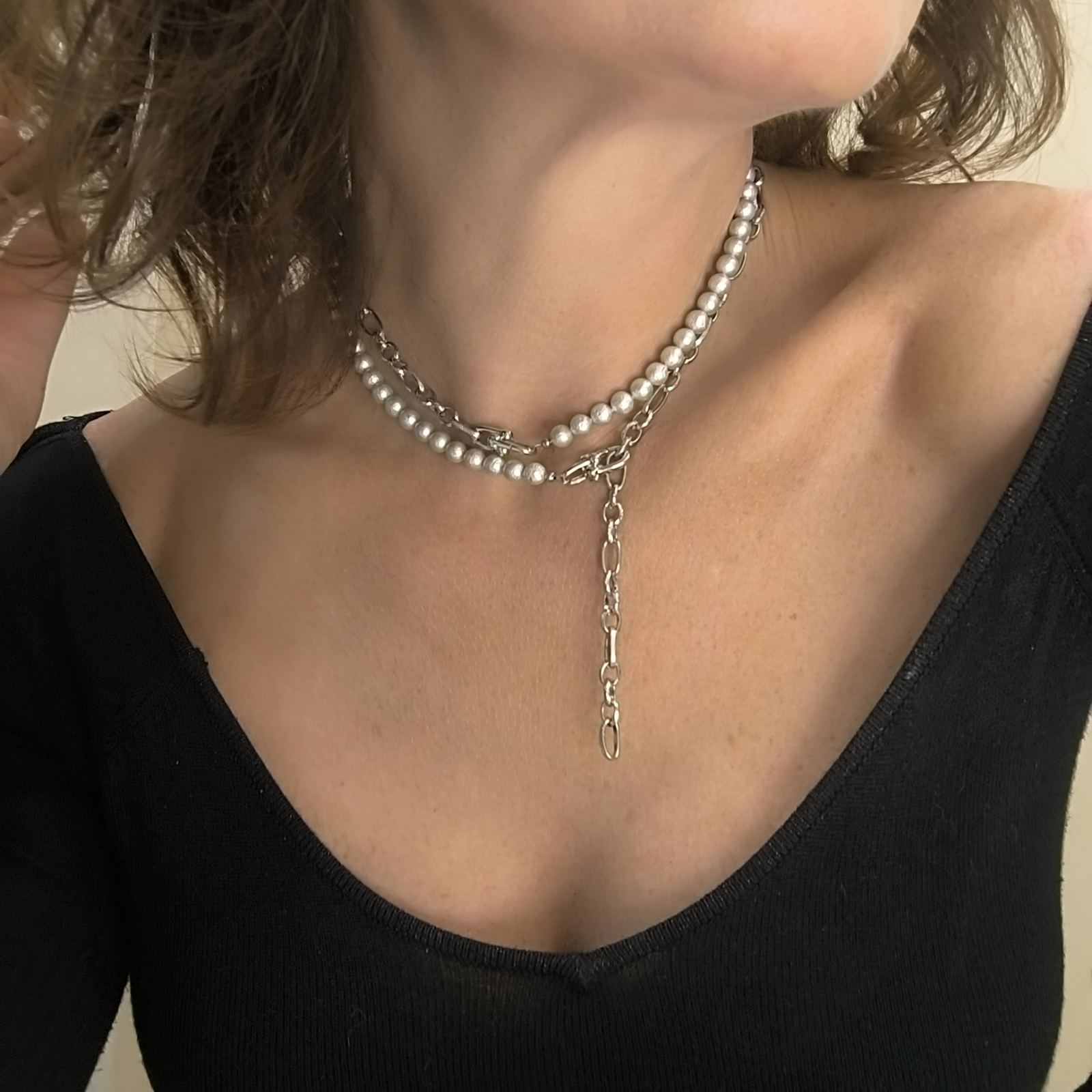 Κολιέ ''Luna Pearl'' Πολυμορφικό με Πέρλα σε ανοιχτό χρώμα σαγρέ 6mm & Ατσάλινη Αλυσίδα