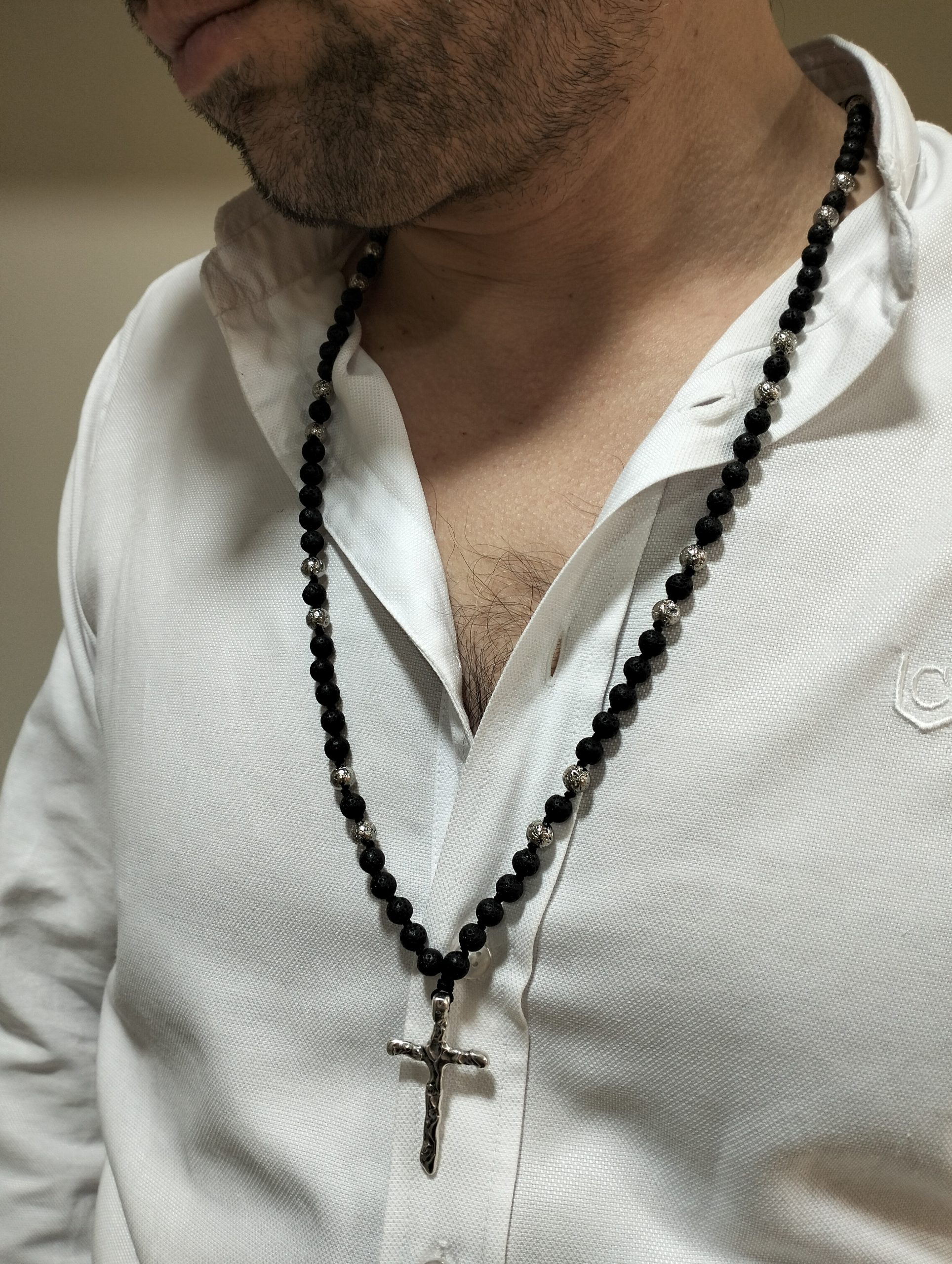 AEGEAN CROSS – Χειροποίητο Κολιέ Ροζάριο Μαύρη Λάβα με Σταυρό - Image 2