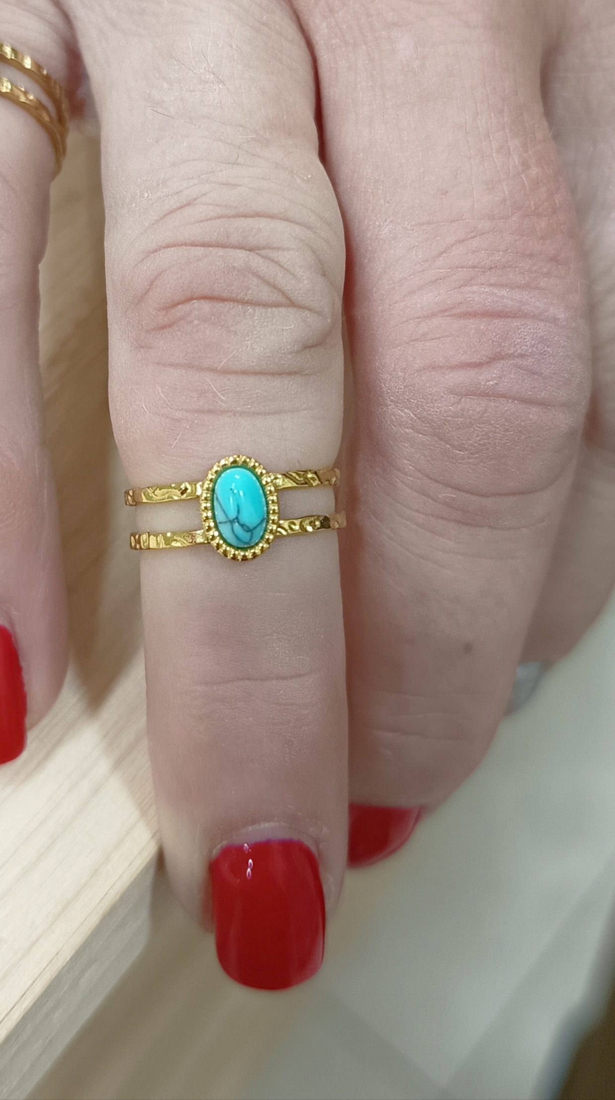 Δαχτυλίδι ''Élégance'' Ατσάλινο Διπλή Βέργα Οβάλ Τιρκουάζ Ημιπολύτιμη Πέτρα Ρυθμιζόμενο