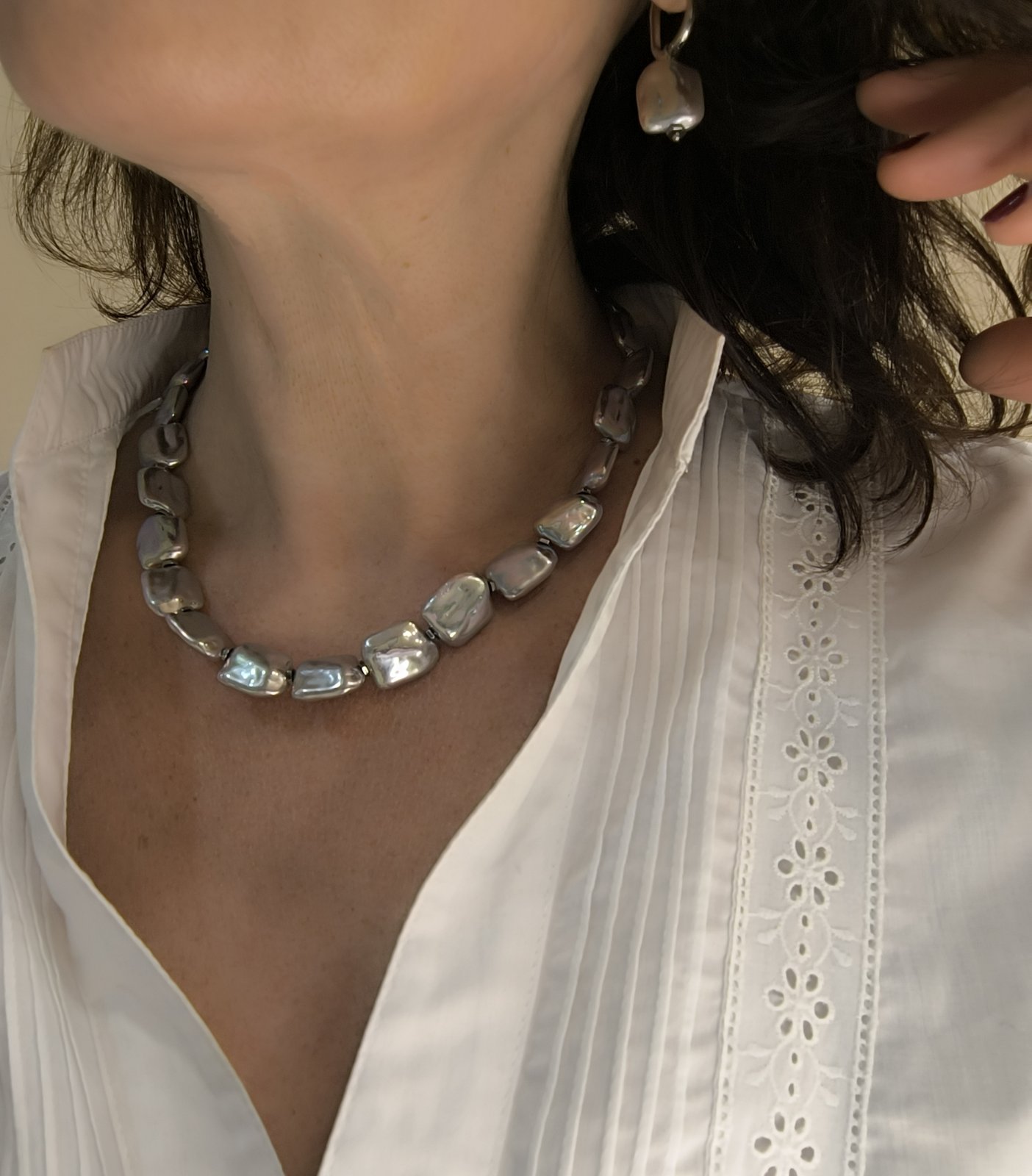 Χειροποίητο Σετ ''Iridescent Silver'' Κολιέ & Σκουλαρίκια με Ιριδίζουσες Ακρυλικές Χάντρες