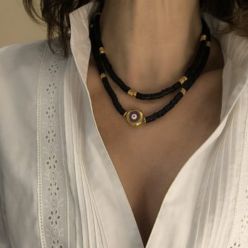 Σετ Δύο Χειροποίητων Κολιέ ''Whisper'' από Μαύρες Ροδέλες Καουτσούκ με Επίχρυσο Μάτι