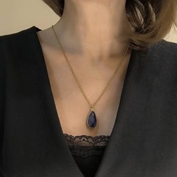 Ασημένιο Μενταγιόν Νυχτερινό Δάκρυ με Ζαφείρι Ταγιέ σε Χρυσό