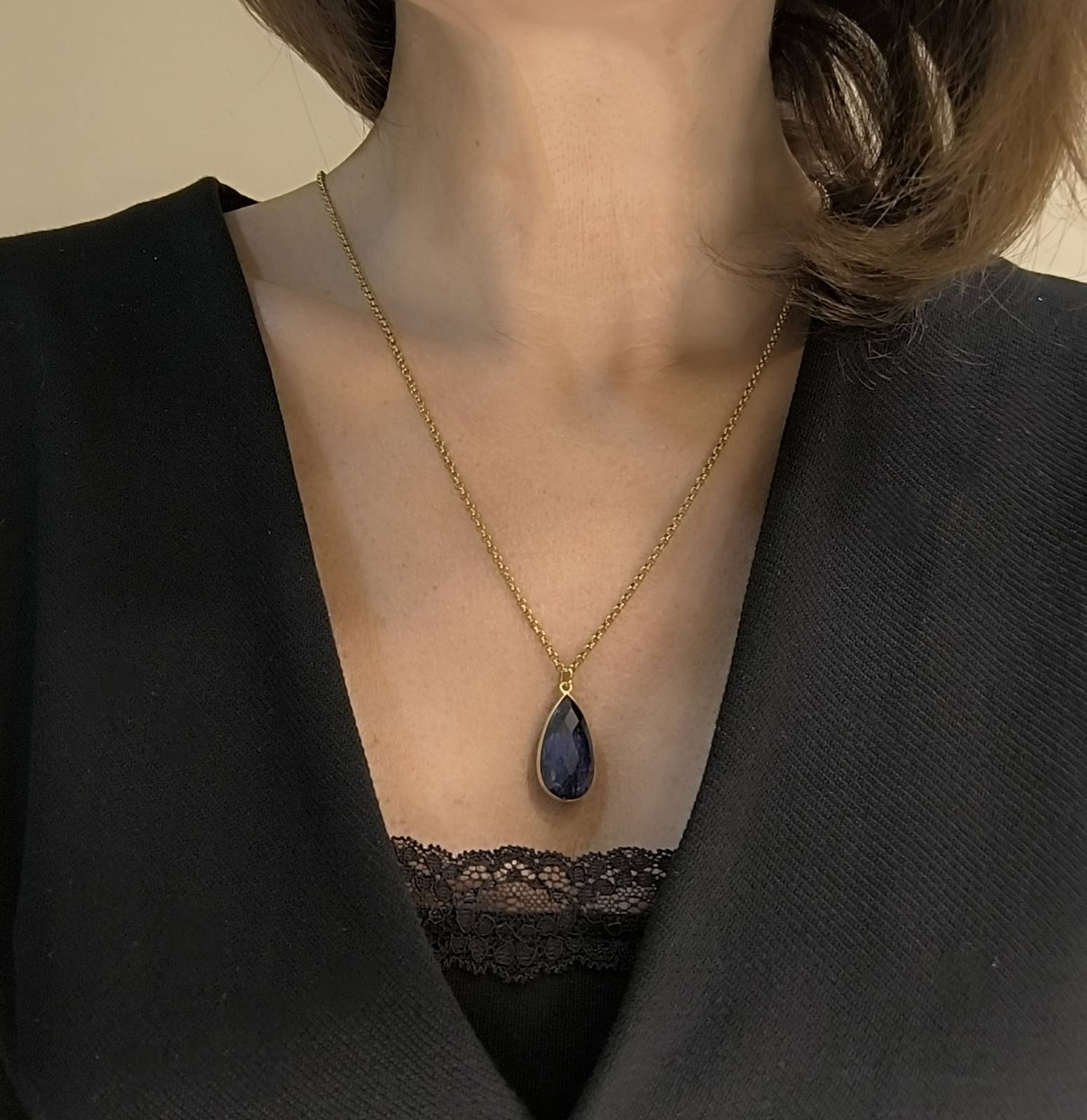 Ασημένιο Μενταγιόν Νυχτερινό Δάκρυ με Ζαφείρι Ταγιέ σε Χρυσό