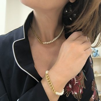 Σετ Κοσμημάτων “Aurelia Pearl” – Κολιέ & Βραχιόλι με Λευκή Πέρλα και Χρυσή Ατσάλινη Αλυσίδα