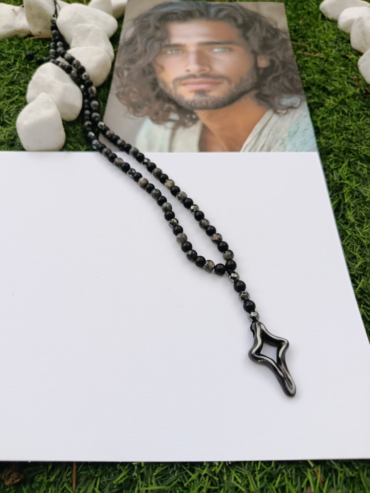 Unisex Χειροποίητο Κολιέ Ροζάριο Μαύρο με Ημιπολύτιμους Λίθους Σατινέ Σταυρό - Image 2