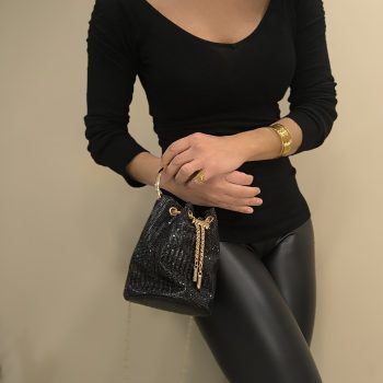 Τσάντα Πουγκί-Midnight Sparkle με Στρας & Μεταλλικό Χερούλι