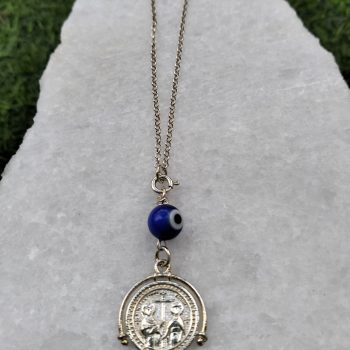 Φυλαχτό Αυτοκινήτου Ασημένιο 925 Κωνσταντινάτο Στρογγυλό με Μπλε Ματάκι