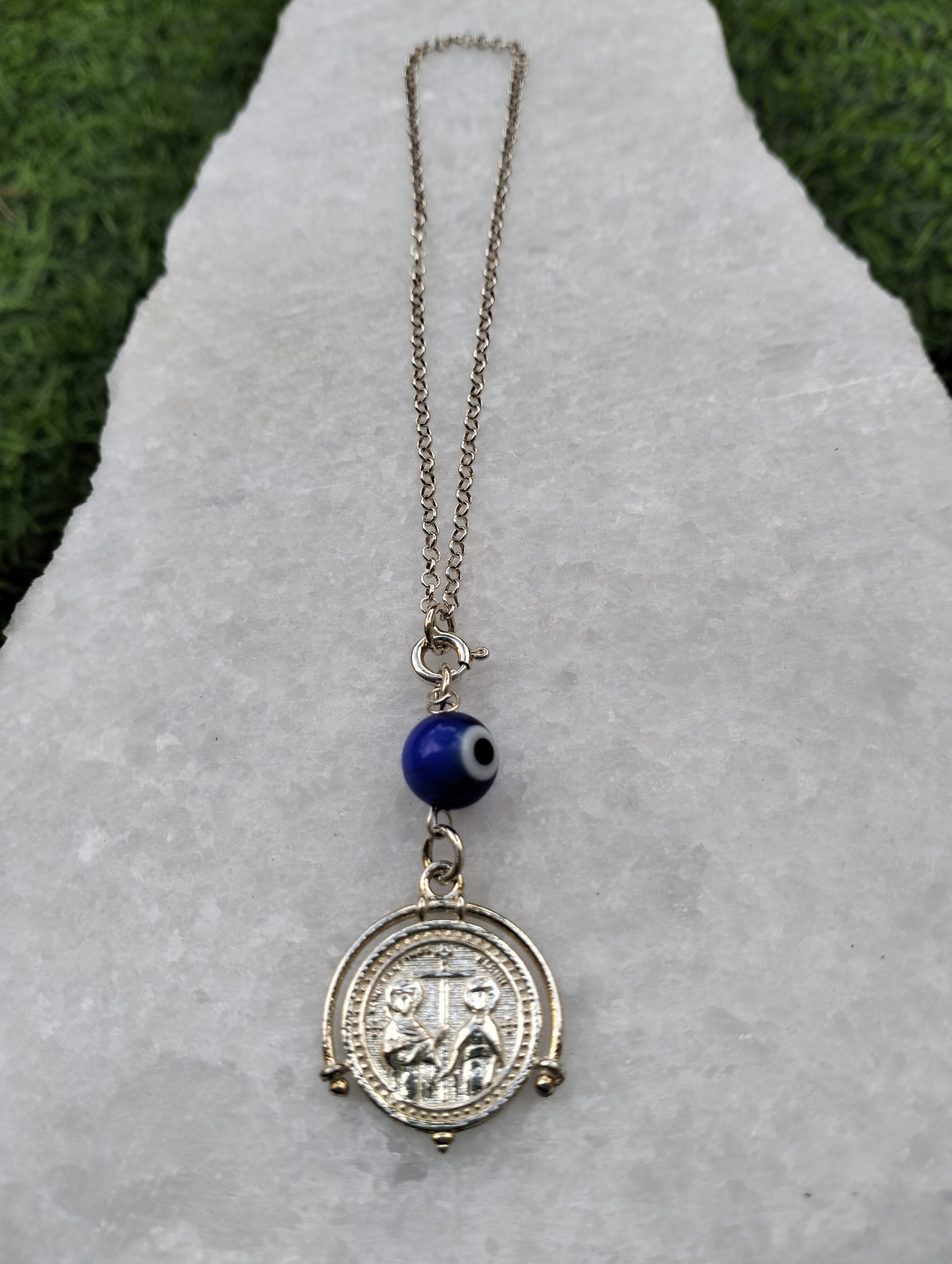 Φυλαχτό Αυτοκινήτου Ασημένιο 925 Κωνσταντινάτο Στρογγυλό με Μπλε Ματάκι