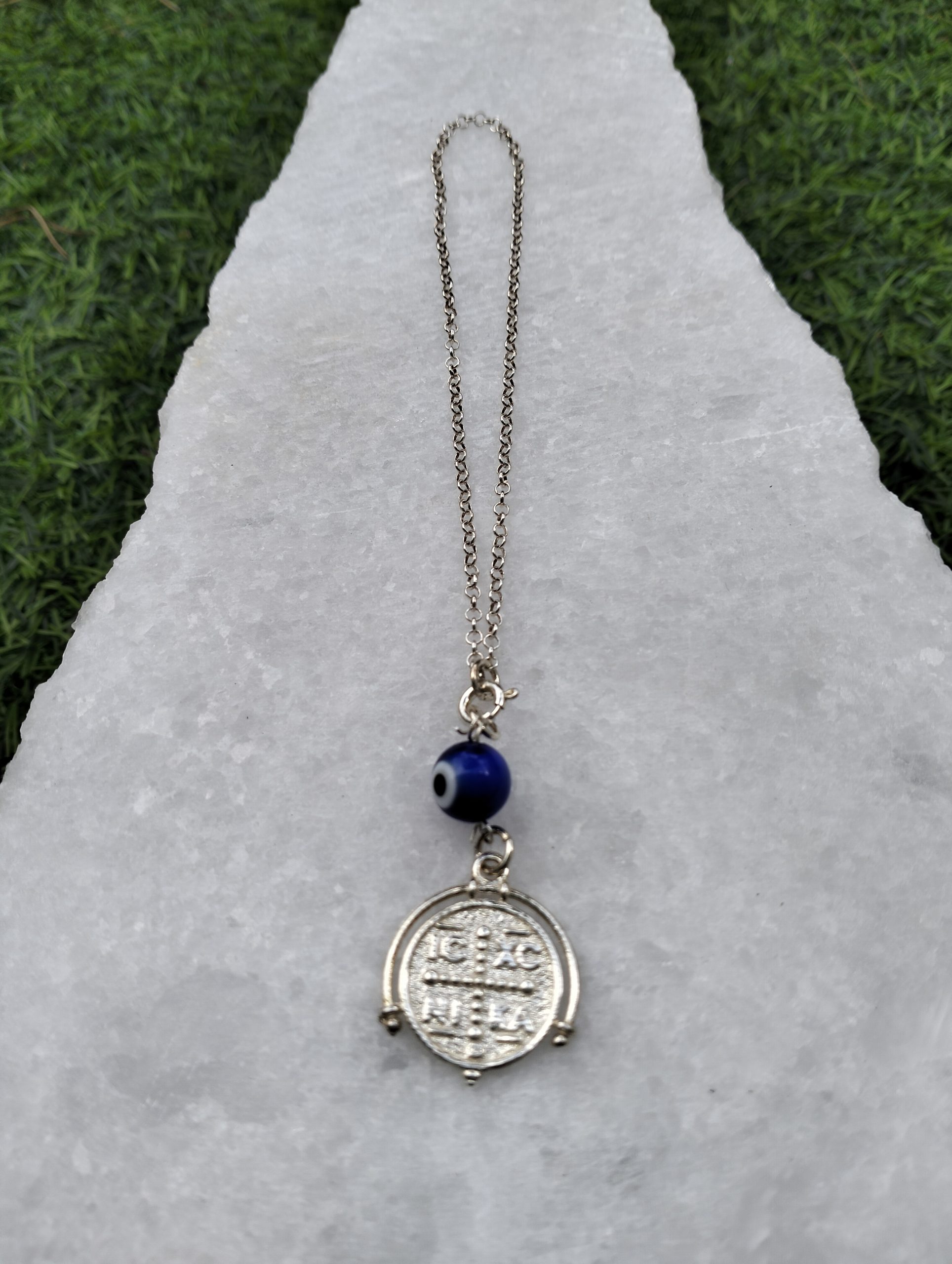 Φυλαχτό Αυτοκινήτου Ασημένιο 925 Κωνσταντινάτο Στρογγυλό με Μπλε Ματάκι - Image 2