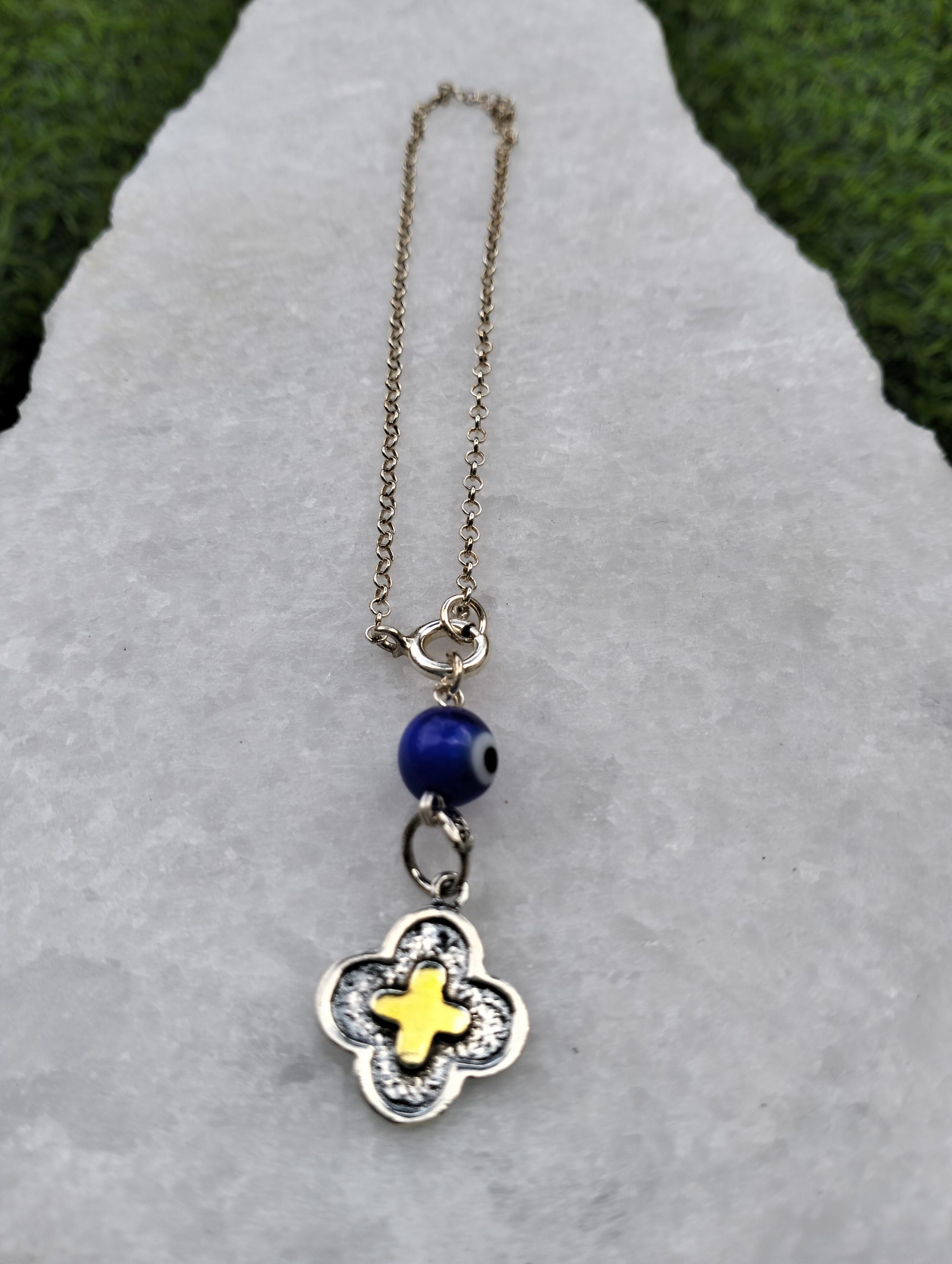 Φυλαχτό Αυτοκινήτου Ασημένιο 925 Σταυρός με Μπλε Μάτι