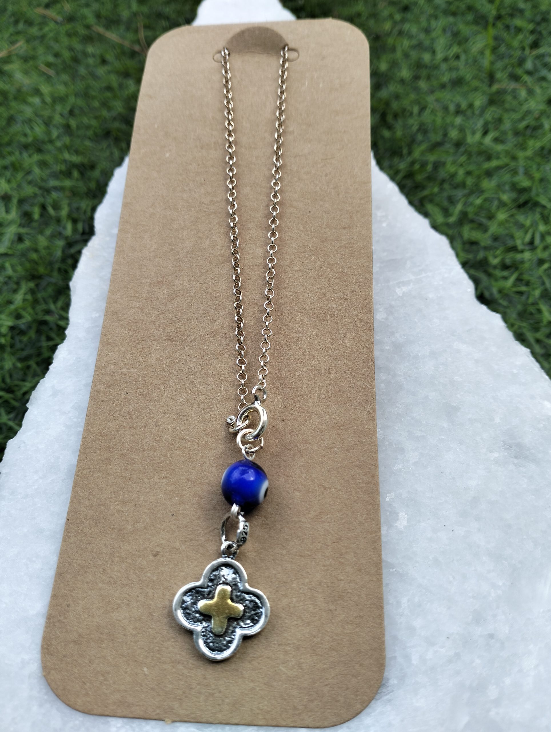 Φυλαχτό Αυτοκινήτου Ασημένιο 925 Σταυρός με Μπλε Μάτι - Image 3