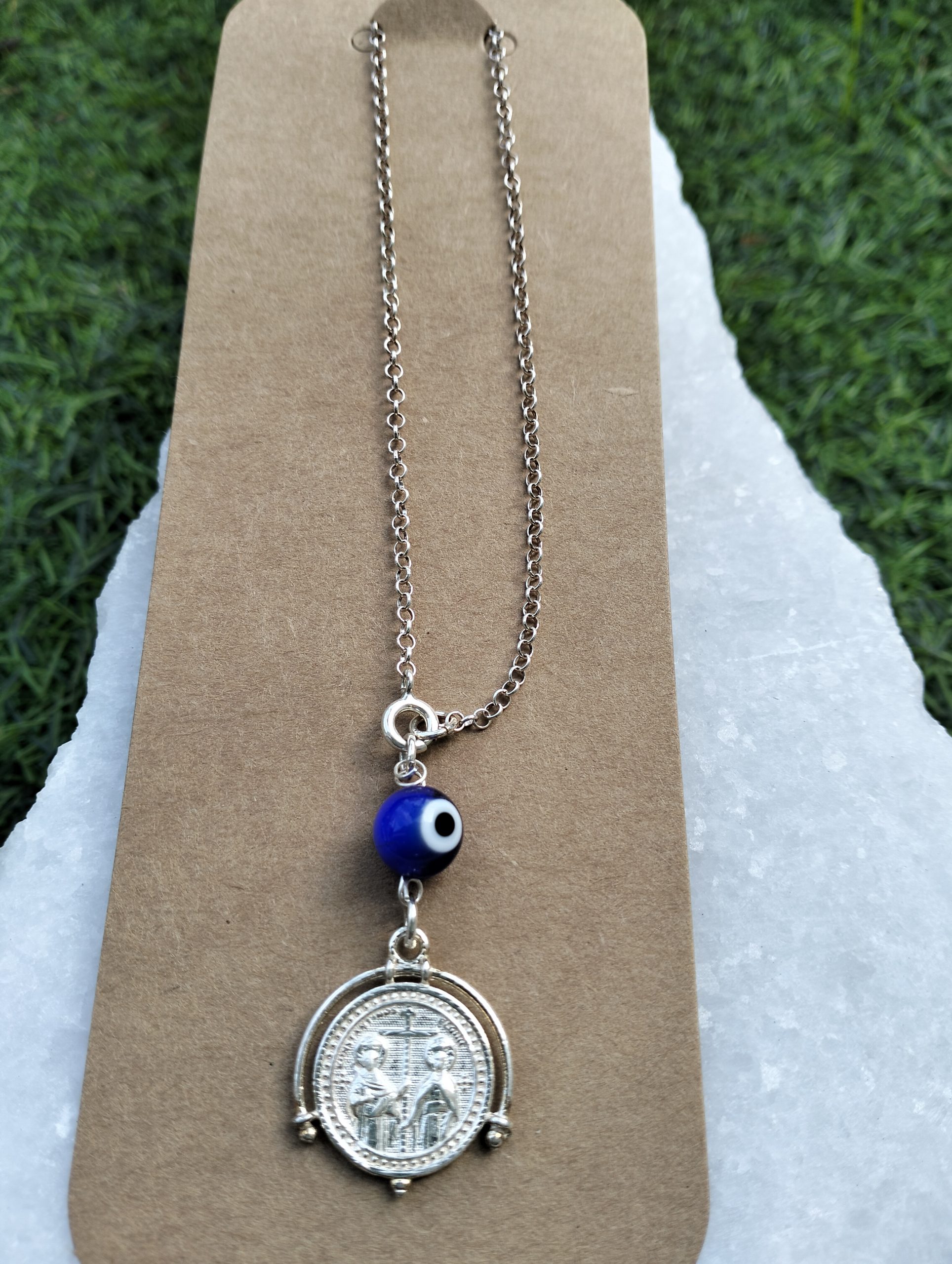 Φυλαχτό Αυτοκινήτου Ασημένιο 925 Κωνσταντινάτο Στρογγυλό με Μπλε Ματάκι - Image 3