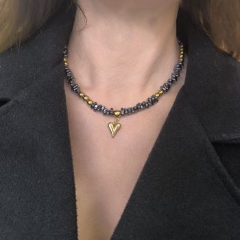 Κολιέ “Eternal Heart” Χειροποίητο από Αιματίτη σε Μαύρο & Χρυσό με Καρδιά από Ατσάλι