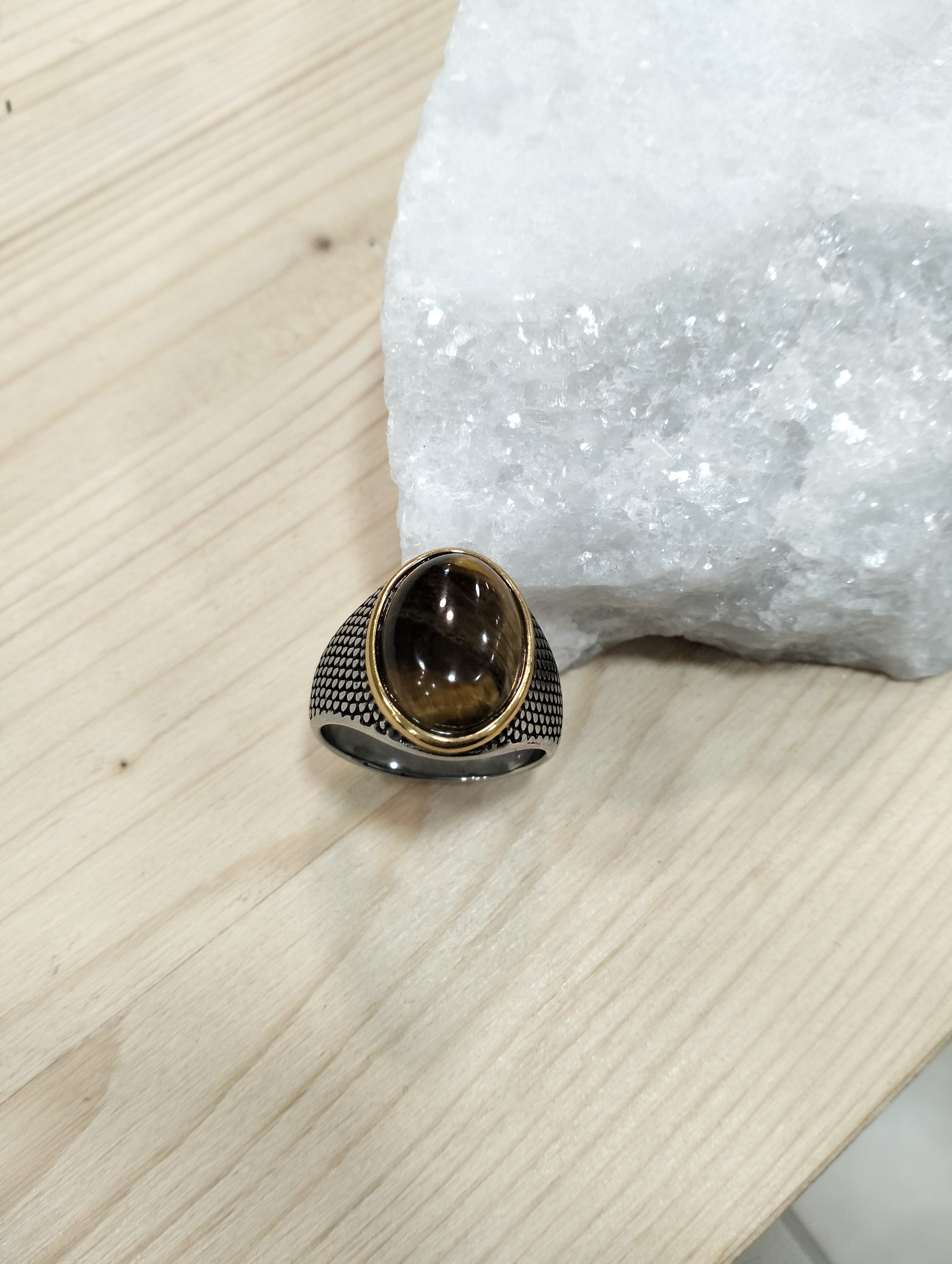 Ανδρικό Δαχτυλίδι Ατσάλινο Λευκόχρυσο με Οβάλ Πέτρα Μάτι Τίγρης - Image 2