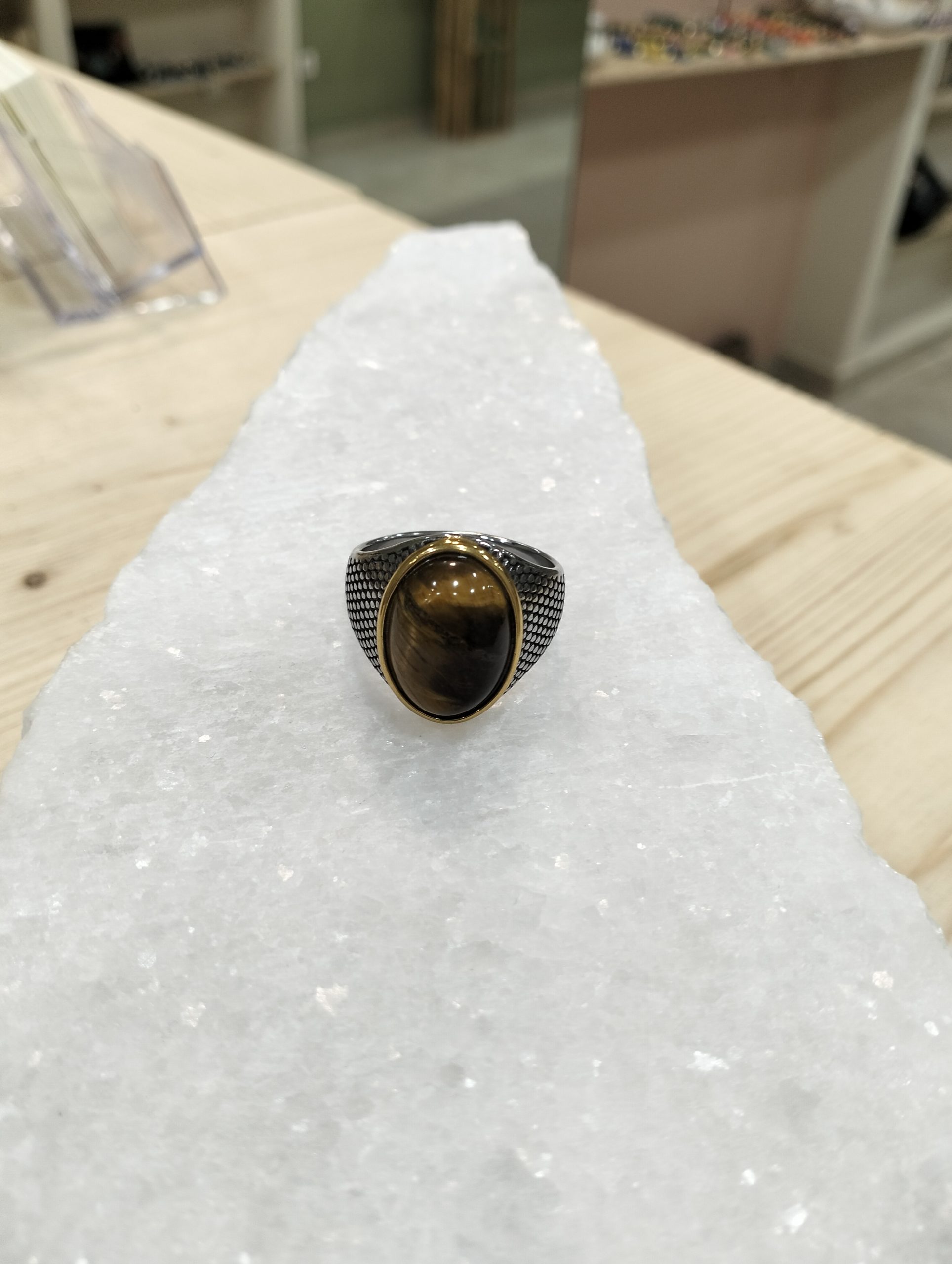 Ανδρικό Δαχτυλίδι Ατσάλινο Λευκόχρυσο με Οβάλ Πέτρα Μάτι Τίγρης - Image 4