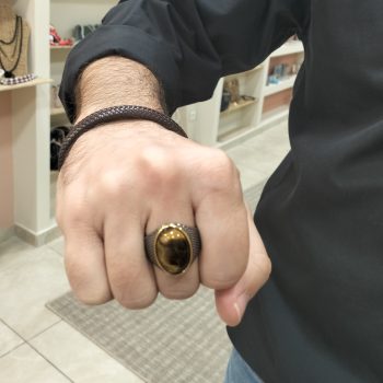 Ανδρικό Δαχτυλίδι Ατσάλινο Λευκόχρυσο με Οβάλ Πέτρα Μάτι Τίγρης