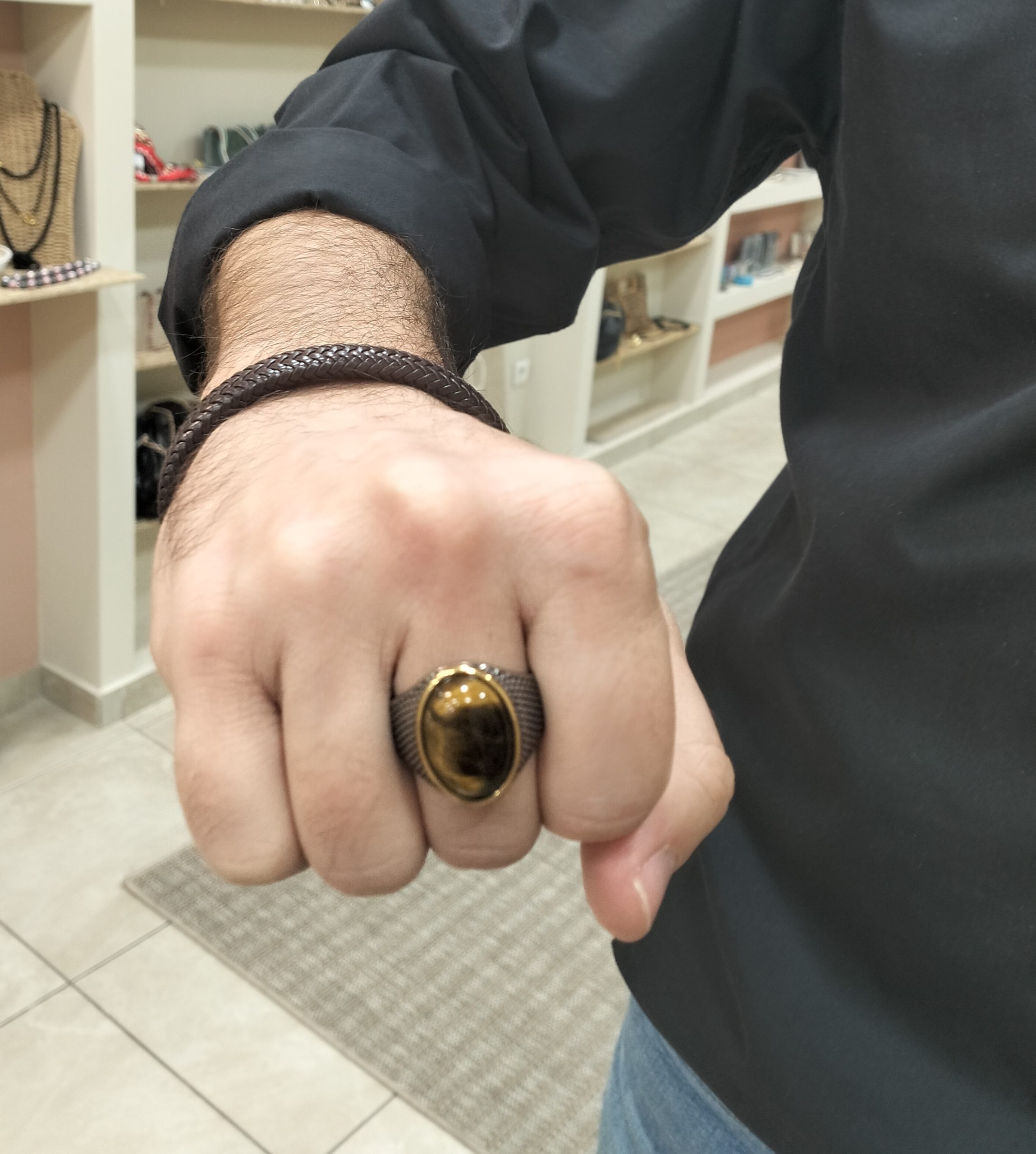 Ανδρικό Δαχτυλίδι Ατσάλινο Λευκόχρυσο με Οβάλ Πέτρα Μάτι Τίγρης