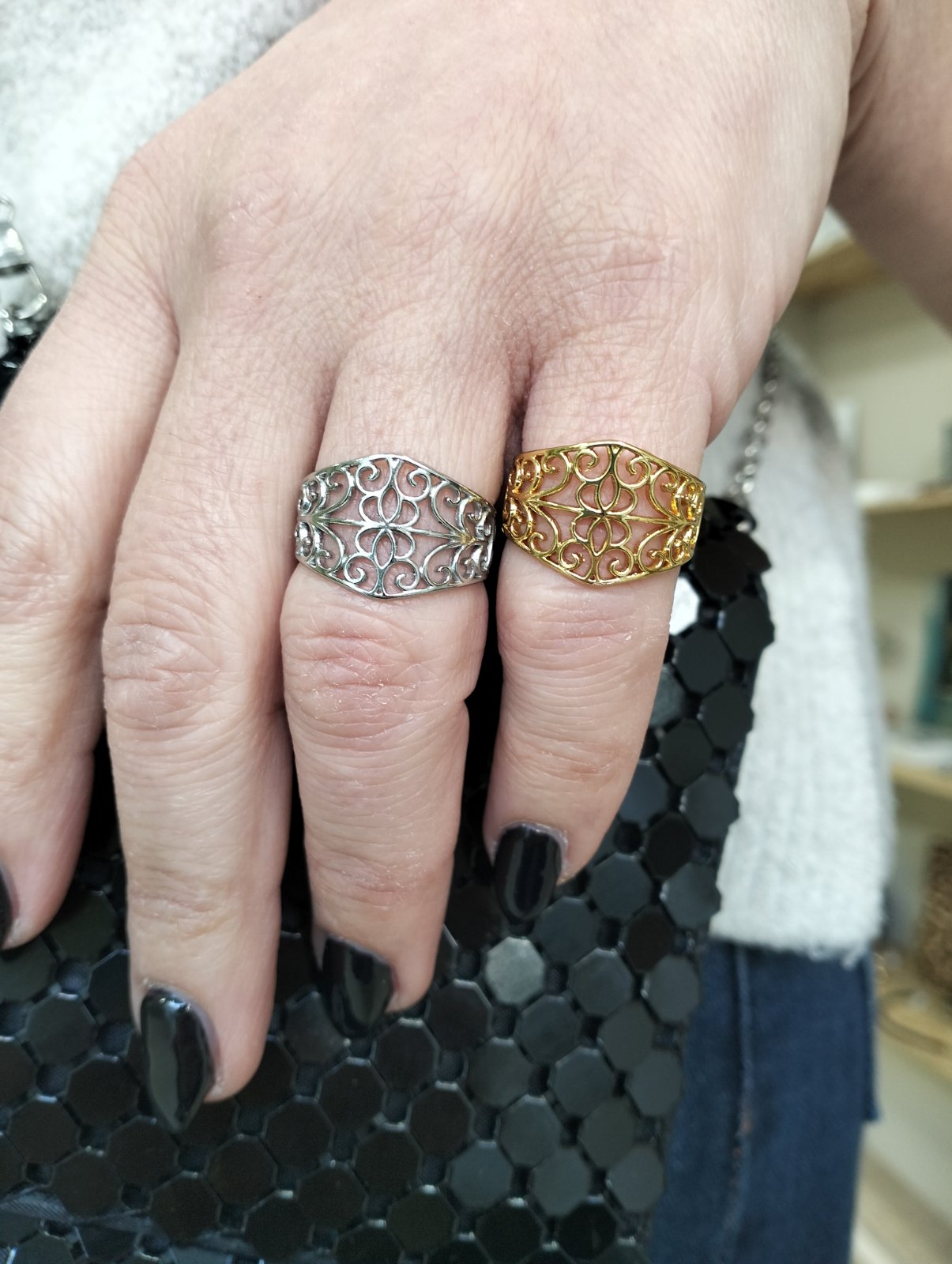 Stainless Steel Ring “Lace Bloom” Adjustable Gold or Silver Filigree Ring