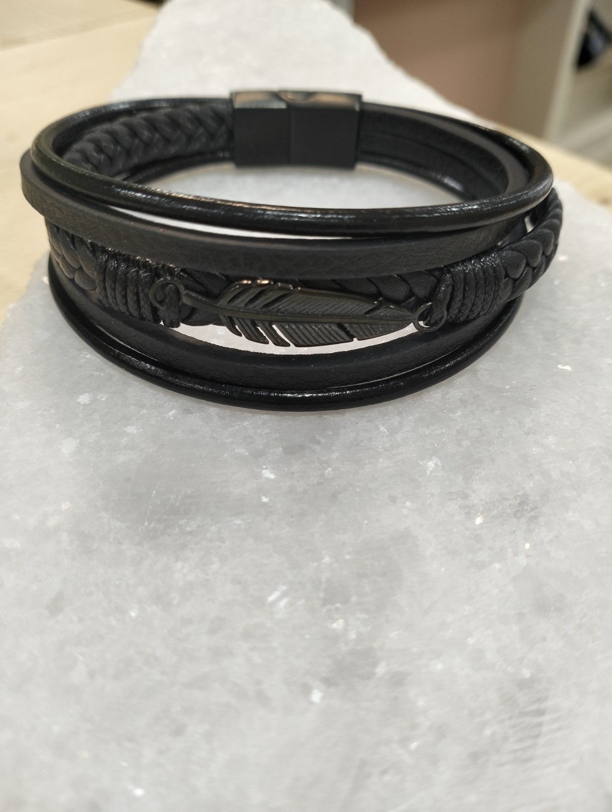 Ανδρικό Βραχιόλι Δερματίνης με Φτερό από Ανοξείδωτο Ατσάλι - Image 3