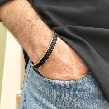 Ανδρική Χειροπέδα από Ανοξείδωτο Ατσάλι Χρυσού Χρώματος με Πλεκτή Δερματίνη