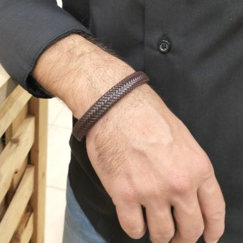 Ανδρικό Βραχιόλι Δερματίνης Καφέ με Πλέξη και Μαγνητικό Κούμπωμα από Ανοξείδωτο Ατσάλι