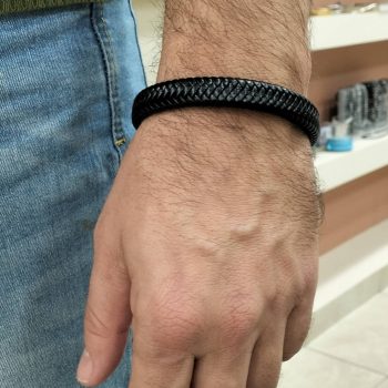Ανδρικό Βραχιόλι Δερματίνης Μαύρο με Πλέξη και Μαγνητικό Κούμπωμα από Ανοξείδωτο Ατσάλι