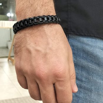 Ανδρικό Βραχιόλι Ατσάλινο Μαύρο με Πλεξούδα από Δερματίνη
