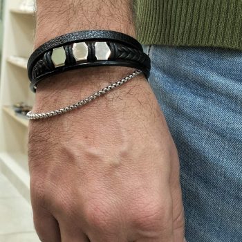 Ανδρικό Βραχιόλι Ατσάλινο με Δερματίνη και Αλυσίδα