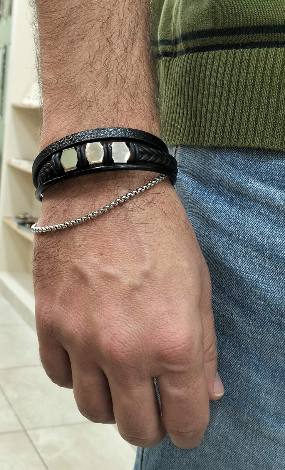 Ανδρικό Βραχιόλι Ατσάλινο με Δερματίνη και Αλυσίδα