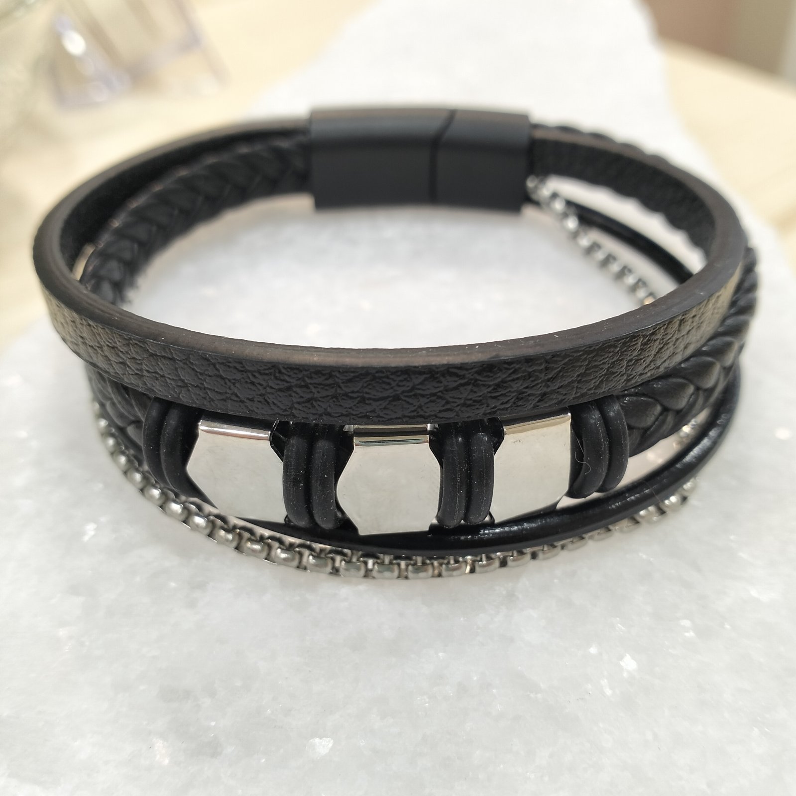 Ανδρικό Βραχιόλι Ατσάλινο με Δερματίνη και Αλυσίδα - Image 2