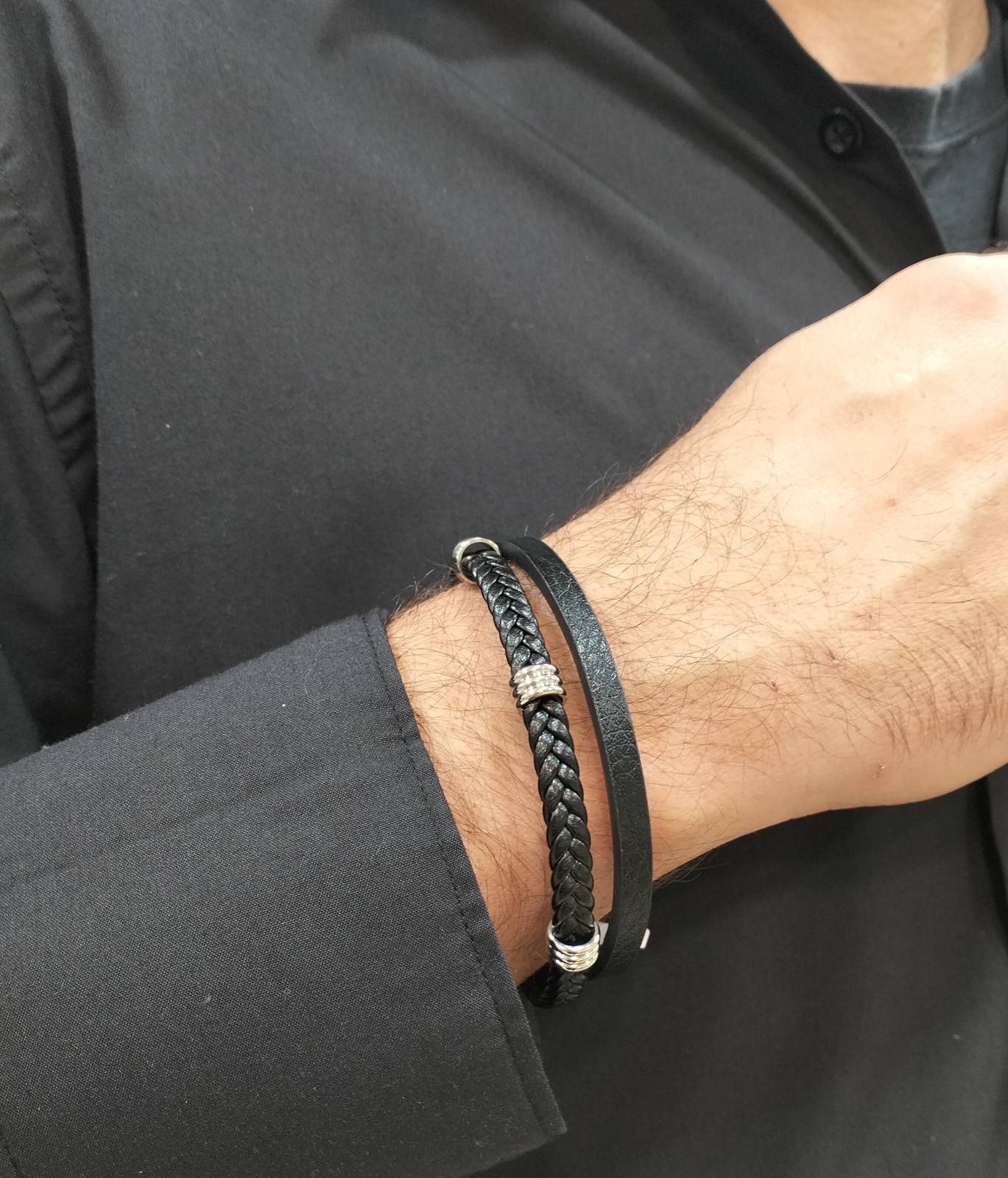 Ανδρικό Βραχιόλι Δερματίνης με Ατσάλινα Στοιχεία και Μαγνητικό Κούμπωμα