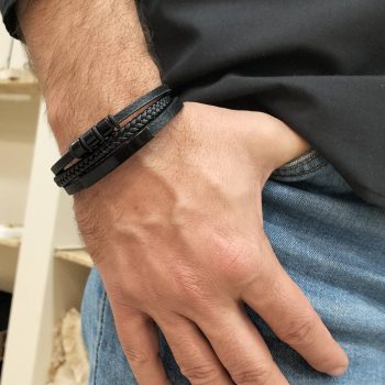 Ανδρικό Βραχιόλι Δερματίνης με Μαύρα Ατσάλινα Στοιχεία και Μαγνητικό Κούμπωμα