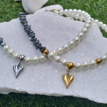 Χειροποίητο κολιέ με αιματίτη και πέρλα – Black Pearl Heart