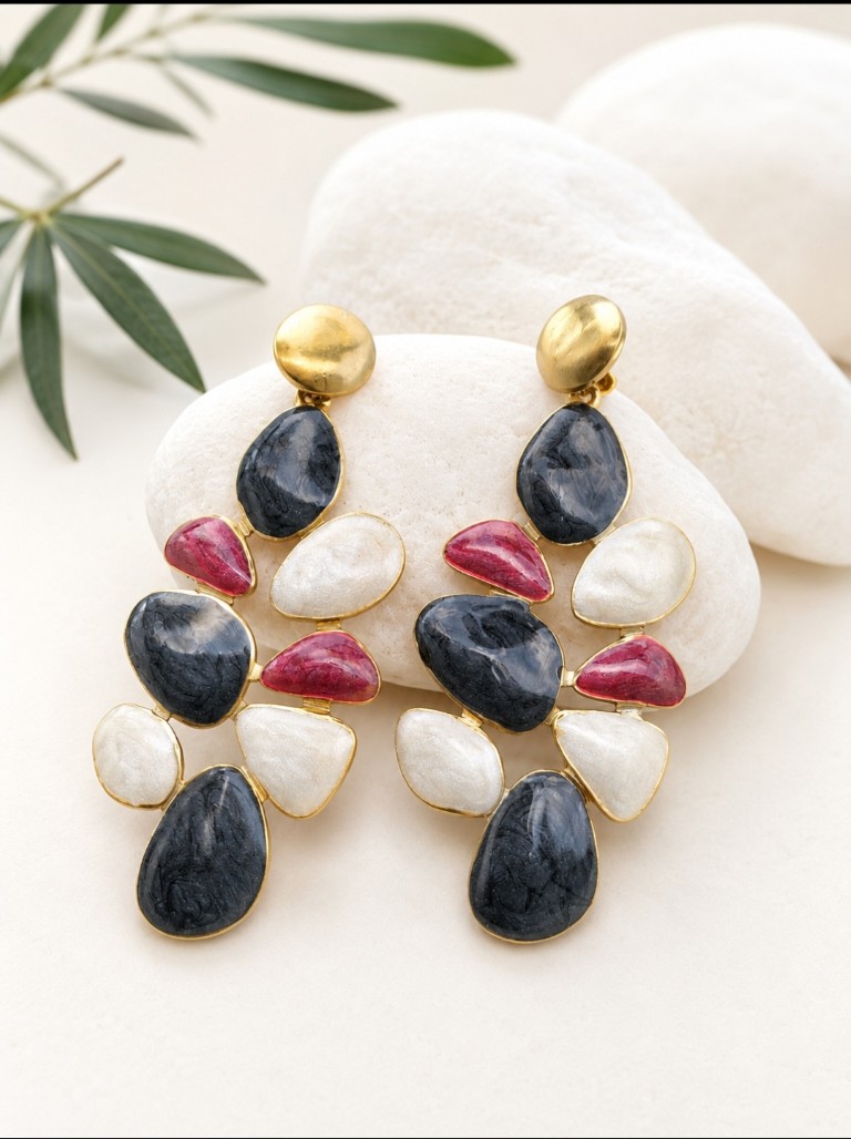 Gold Stainless Steel Leaf Earrings with Enamel - Image 2