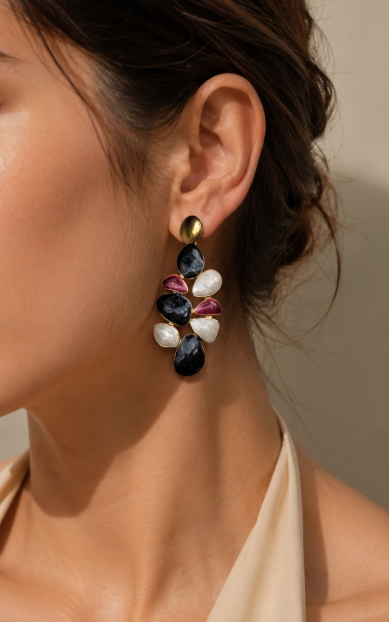 Gold Stainless Steel Leaf Earrings with Enamel