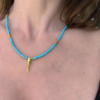 Aegean Fish – Turquoise Bead Necklace with Gold Fish Pendant