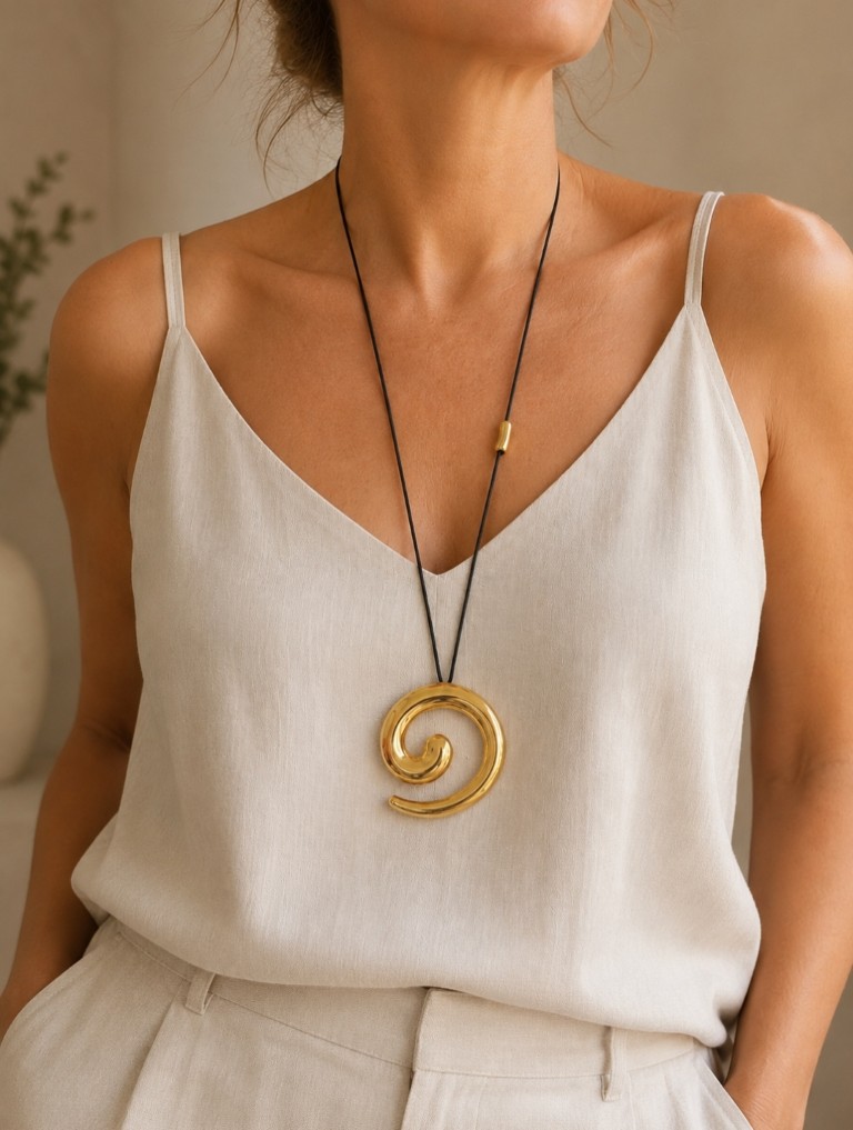 Stainless Steel Spiral Pendant 60mm – Gold with Black Cord