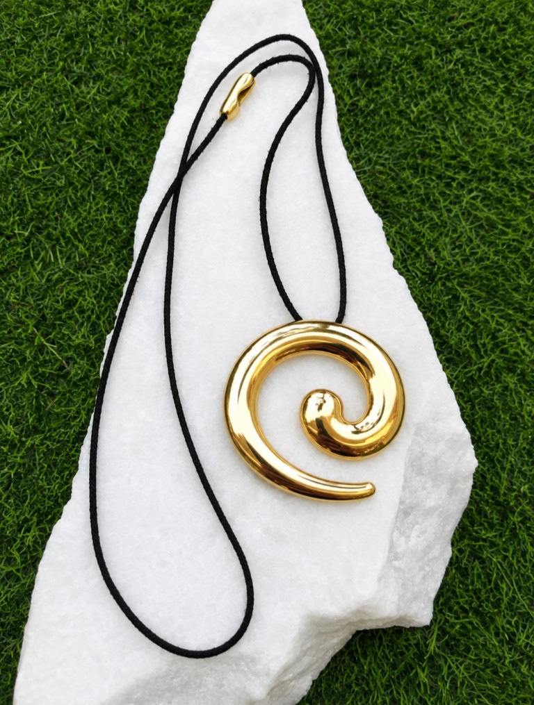 Stainless Steel Spiral Pendant 60mm – Gold with Black Cord - Image 2