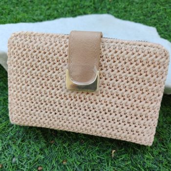Pink Straw & Faux Leather Wallet with External Pocket