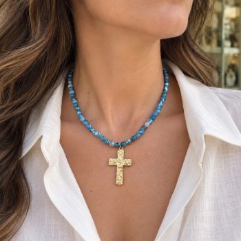 Gold Stainless Steel Necklace with White and Blue Agate