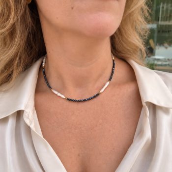 Gold Stainless Steel Necklace with Purple Crystals and Pearls